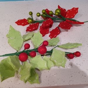 SET OF 2 ARTSY FABRIC CHRISTMAS HOLLY BERRIES & LEAVES STEMS!